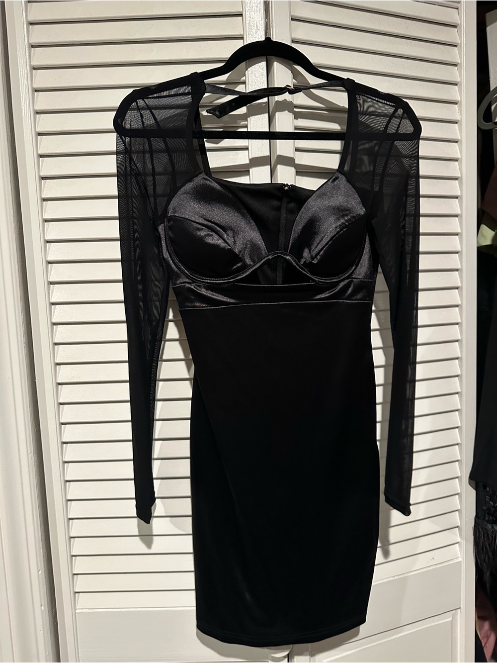 Black Long-Sleeve satin Sheer Mesh Bustier Dress